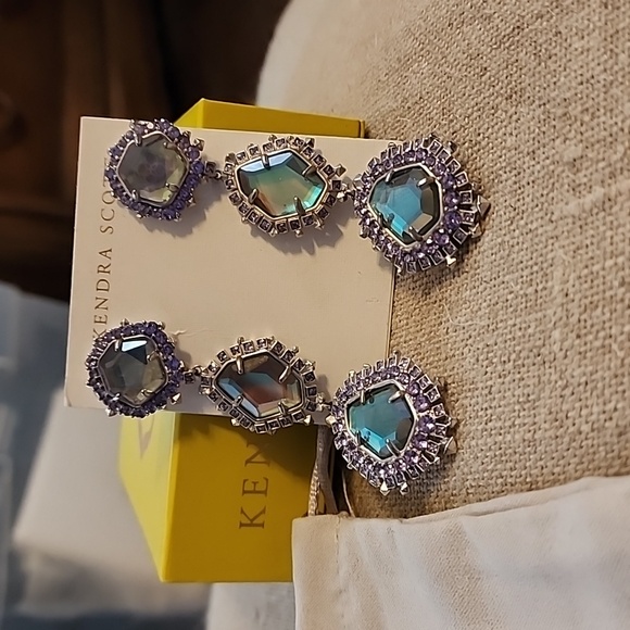 Kendra Scott ARIA Dichroic Glass Rhinestone Chandelier Dangle Clip Earrings NWOT - Picture 4 of 9